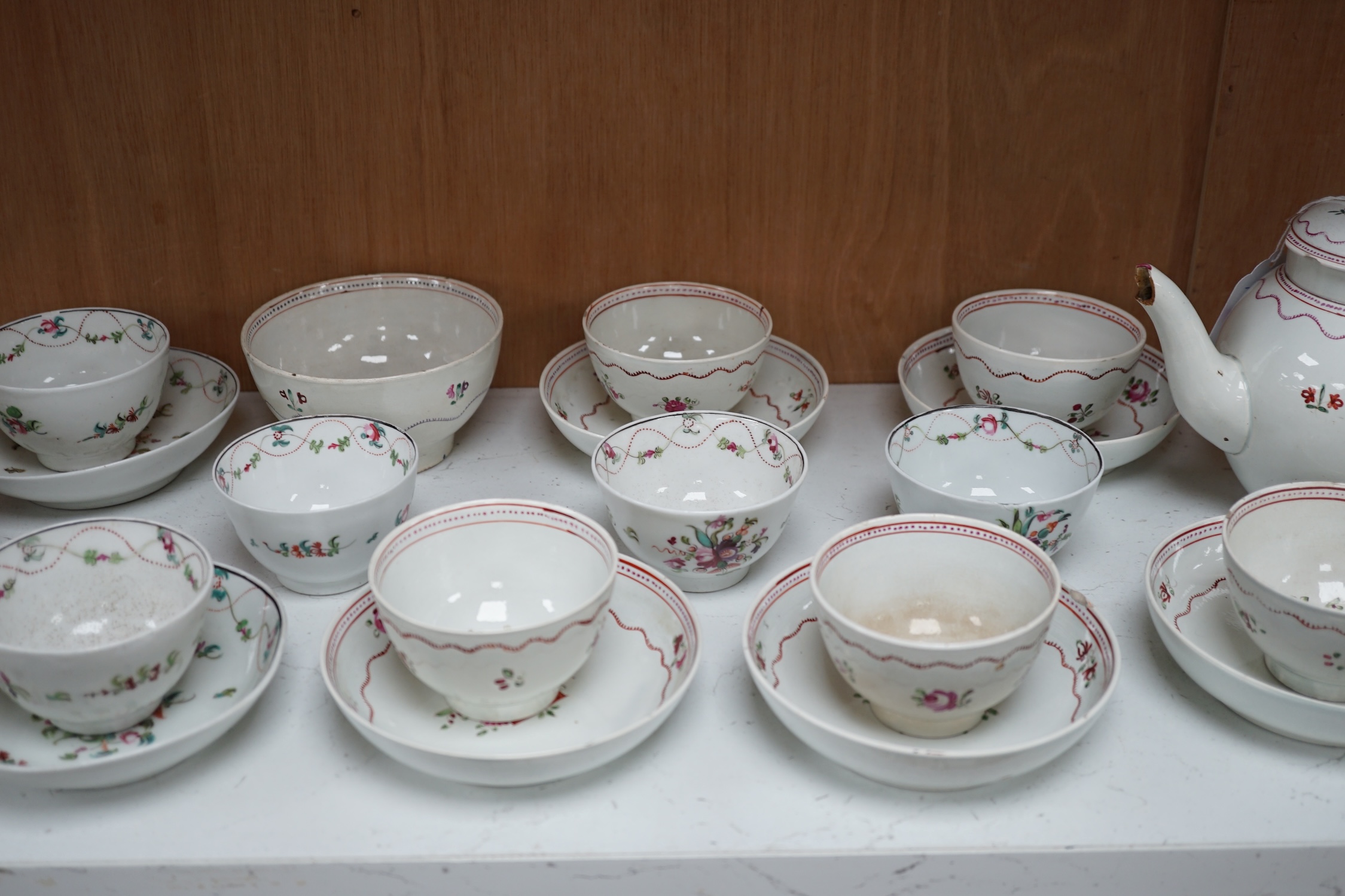 A collection of late 18th century English pearlware and porcelain teawares, Liverpool, Staffordshire, etc. Condition - fair